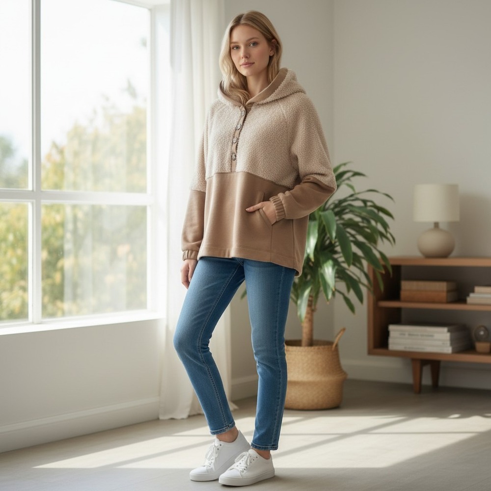 True Selection Sherpa Hoodie Women S Tan Excellent Mixed Media Pullover